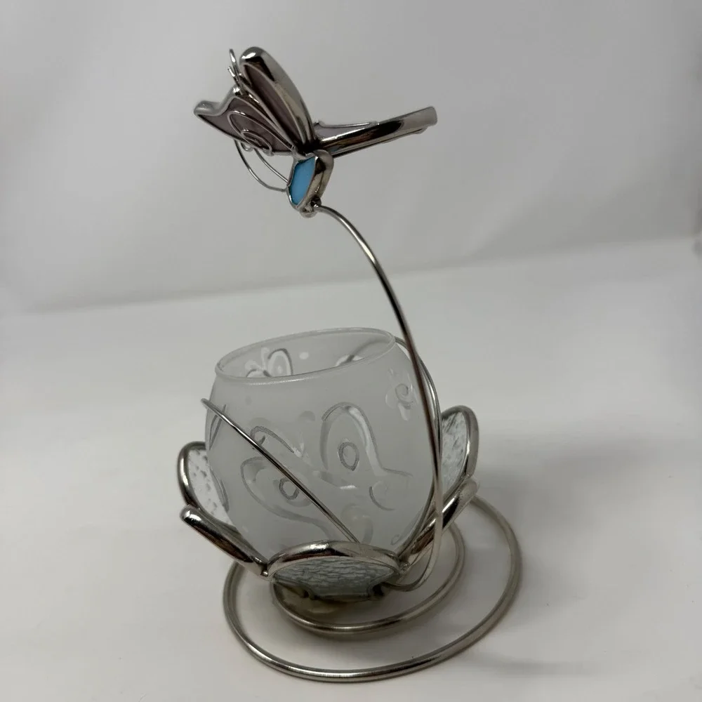 Stained Glass Butterfly Votive Candle Holder Frosted Floral Glass Purple Blue 7